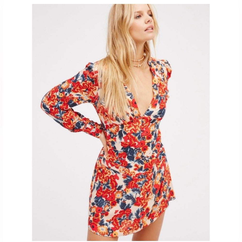 Free People Red Floral Long Sleeve Mini Dress